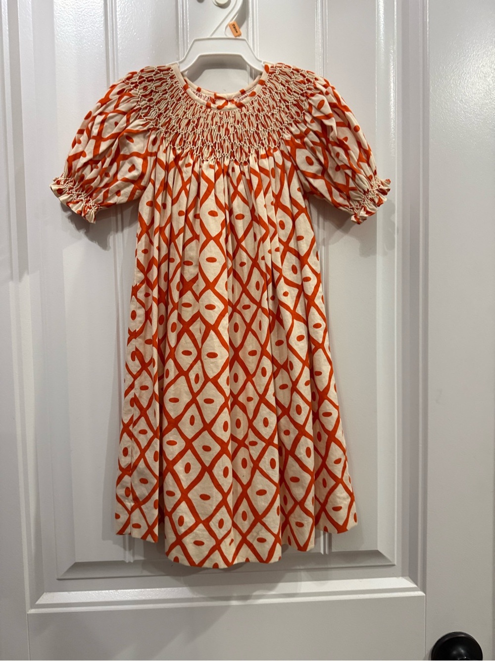 Girls' Smocked Casual Dress in Orange Diamond Print